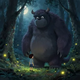 a small boy!! meets a huge!! furry monster in a misty moonlit forest, painting by peter mohrbacher and studio ghibli. surrounded by glowing fireflies, cinematic lighting, dynamic composition, cgsociety