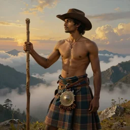 an ethereal dramatic homoerotic painting of a handsome!! shirtless desi mountaineer | he is wearing a plaid kilt and cowboy hat, and holding a wooden pole | background is mountains and clouds | dramatic lighting, golden hour, realistic, highly detailed | by clyde aspevig, by paul cadmus, by bill ward | trending on artstation