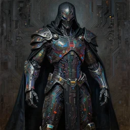 dark cyborg armour made of intricate complex circuitry and microchips, iridescent, warrior assassin, black cloak, colorful, intricate linework, gothic baroque, intimidating, magical, realistic oil painting, rutkowski, wlop, chebokha, artgerm