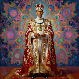 beautiful oil painting, full length portrait of Barack Obama in coronation robes 1701, Dan Mumford, Dan Mumford, Alex grey, Alex grey, highly detailed , lsd visuals, dmt fractal patterns, hallucinogen, visionary art, psychedelic art, ornate, vaporwave, baroque