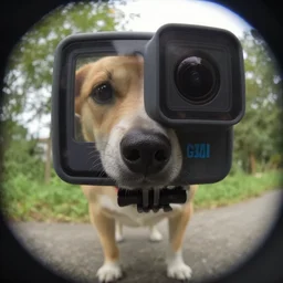 dog sniffing camera, close-up, gopro image, worm's-eye view