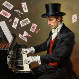 a magician pianist, detailed body, realistic piano, painting, magicians, playing cards floating all around him, realistic cards, epic ambiance.