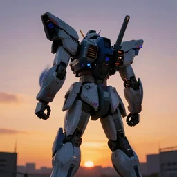 a mecha facing the sunset seen from the back, low angle shot, futuristic, neon lights, cinematic