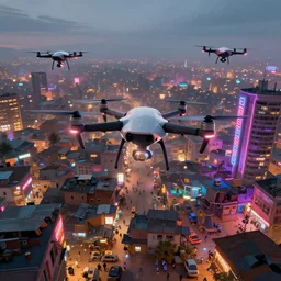 3 d vfx art of flying drones above a bustling - neon lit - ajegunle slum in nigeria, cinestill 8 0 0 t photograph, unreal engine render, digital illustration, illustration style by mike winkelmann, sharp, intricate detail, volumetric light, ray tracing, soft light, colourful, surreal environment, wide angle first person view,
