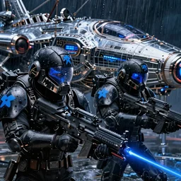 Two soldiers with blue laser rifles wearing black power armour with blue sprites and full helmets with blue visors, night, rain, water drops on the lense, a complicated chrome-plated spaceship with blue lights in the background, realistic 4k octane beautifully detailed render, 4k post-processing, highly detailed, intricate complexity, epic composition, magical atmosphere, cinematic lighting, masterpiece, ultra hd