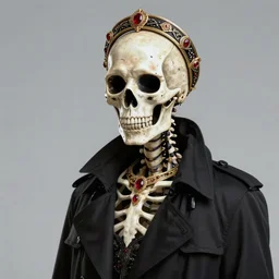 humanoid skeleton ; black eyes ; sharp facial features ; slender ; wearing black trench coat ; wearing ornate circlet ; wearing ornate golden choker with rubies ; cultist ; trending on artstation ; high detail ; digital art
