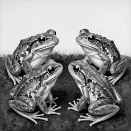 black and white painting of frogs by sergio toppi, by jeremi lipking, by etam cru, dark particles, brush strokes, white background, realistic faces, tattoo style, elegant, sharp focus, illustration, harmony, dynamic composition, masterpiece, pen, ink draw