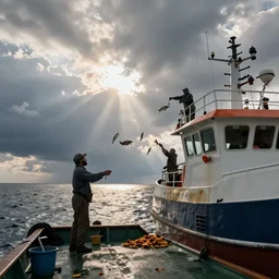 fishermen throwing fish and chips off the back of a trawler