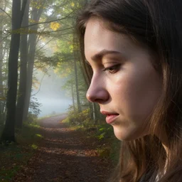 a double exposure of a beautiful extreme close up side view portrait of a mystical young woman looking down!!, with a landscape photo of an autumn misty morning forest, forest trail, lake, dappled light, sun rays, green and brown tones