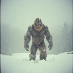 photo, bigfoot is hiding in the background, barely able to be seen. cold color temperature, snow storm. hazy atmosphere. humidity haze. kodak ektachrome, greenish expired film, award winning, low contrast