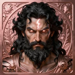 furious god zeus, wavy black hair, bushy beard, glowing eyes, thunder forehead tattoo, volumetric lights, rose gold scheme, art nouveau botanicals, gothic, intricate, highly detailed, digital painting, artstation, concept art, smooth, sharp focus, symmetric face, illustration, steampunk, art by artgerm and greg rutkowski and alphonse mucha