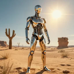 male cyborg body modifications hd greg rutkowski desert sun rays glinting on metal oasis!
