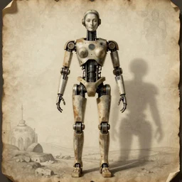 technical drawing of ancient womanized!! humanoid robot, symmetrical, anatomically correct, full body length, old historical photo, ancient paper, photorealistic