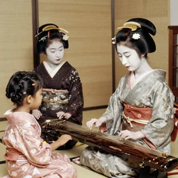 full color still of a family photo of geishas playing koto in 1920 Osaka, 150mm lens by Akira Kurosawa, 1980 cinematography