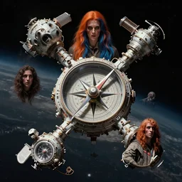 movie still of space compass, a 4 headed space station, one head with long orange - blue parted hair by naamat sabar, wayne d barlowe, alex ross, enric torres, alex ross, enric torres, hyper realism, cinematical, narrative light, muted colors, epic, hyper detailed, awe inspiring, award winning horror, narrative lighting, hyper realism, cine