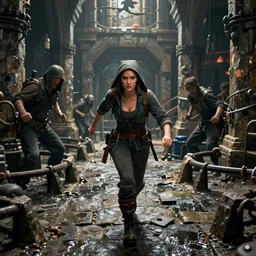 kate beckinsale as dnd thief sneaking forward through gauntlet full of death traps, stone floor, very tall ceil, old wet dungeon, fantasy digital art, 4k