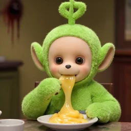 tinky winky eating tubby custard, horror, creepy, teletubbies lost creepy spooky bloody episode, realistic,