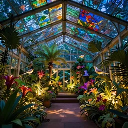 magician's tropical greenhouse garden with colored glass cover, outside of time and space, birds, flowers, fairy tale, night lighting, gorgeous lighting, dramatic cinematic lighting, intricate, highly detailed, low angle view, mysterious, comfort, in the style of william schneider, 8 k