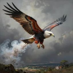 Painting of a thunderbird trailing smoke from its wings, artstation, detailed