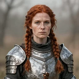 a rustic woman wearing medieval armor, detailed face, redhead, by greg rutkowski, mandy jurgens