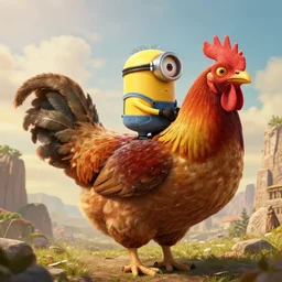 minion riding a giant chicken, ancient historical, highly detailed, fantasy art, extremely realistic, epic beautiful, full landscape shot, emotional, award winning, beautiful lighting, mindblowing