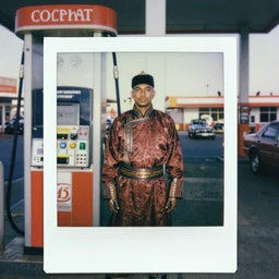 a mongolian cyborg at a gas station, 9 0 s polaroid, by jamel shabbaz, robert mapplethorpe, davide sorrenti