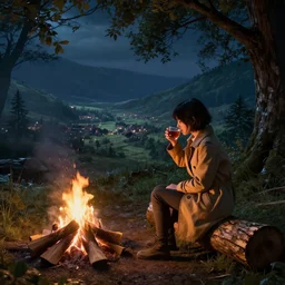 A panoramic photograph of a girl with short black hair in a tan tenchcoat sitting on a log and drinking tea by the campfire at night in a grove, large landscape with a village in the valley, ray tracing final fantasy cinematic trailer, Jakub Rozalski. Movie still from final fantasy cinematic trailer, The vanishing of Ethan Carter, Jakub Rozalski, octane render, ray tracing, megascans, 8k, highly detailed, professional