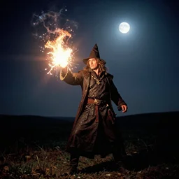 a very good looking detailed sorcerer summons a blast of magic energy from their hand, on an empty moonlit hill, dramatic lighting, lens flare, 3 5 mm full frame professional photography, kodak ektar