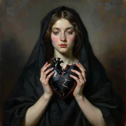 Realistic painting of beautiful woman which holds black heart in her hands, broken into pieces face, black cloth, the long shot, dramatic lighting, high-detailed oil painting by Ilya Repin, William Blake, Michelangelo da Caravaggio, Alex Grey and Beksinski, masterpiece, 4k