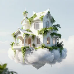 white futuristic mage house covered in plants, hanging vines, floating on a cloud