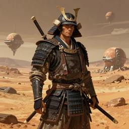 an illustration of a worn out samurai that got time travelled to a futuristic colonized Mars, epic landscape, HD digital art, artstation