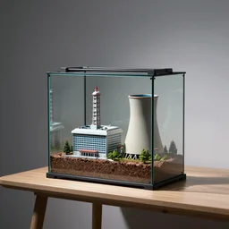 a large terrarium with a realistic diorama of a reactor building and cooling tower inside on top of a minimalist table, lit from the side