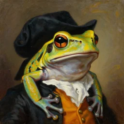 a head and shoulders portrait painting of an anthropomorphic!!!!!!!!!! amazon milk frog!!!!!!!!!! wearing a colonial!!!!!!!!!! outfit without a hat looking off camera, a character portrait, romanticism, oil on canvas, visible brushstrokes, intense colors
