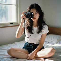 flash photography of a woman in her mid 20\'s sitting in her bedroom. Sunlight coming from the window. Late 90\'s. Color film camera.