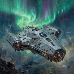 demonic spaceship , illustration, chaotic, invasion, thanatos, nano hex armor hull, alien starship, aurora borealis on background, disintegration, volumetric lighting, soft lighting, soft details, painting oil on canvas by craig mullins and ryan church, octane render, HDR, trending on artstation, 4k, 8k, HD
