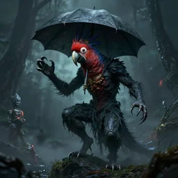 an umbrella cockatoo summoning Cthulhu. dark fantasy, horror.