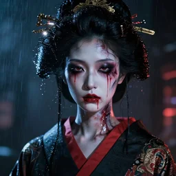 facial portrait of a korean zombie android with dark smeared makeup, wet curly hair, red tears, geisha, neck bite, a dark cyberpunk background, lens flare, rain, deep focus, d & d, intricate, elegant, highly detailed, photo, artstation, blade runner, 8 k, sharp focus, octane, unreal engine 5, global illumination, radiant