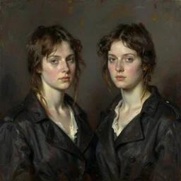 portrait of female adult twins in the apocalypse, by john singer sargent.