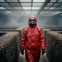 cinestill 5 0 d photographic portrait by helen levitt of dark red hazmat scientists walking through a brutalist hedge maze, extreme closeup, cinematic, modern cyberpunk, dust storm, ceiling panels, 8 k, hd, high resolution, 3 5 mm, f / 3 2, tenet