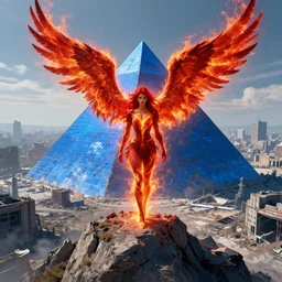 a red - haired fire angel standing at the summit of a giant blue pyramid above a city in ruins
