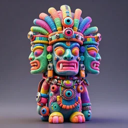 photo of a huge opalescent claymodel of a multicolored steampunk tiki with three heads, wearing a aztec helmet with multicolored irisdiscent tubes and shiny metallic devices, 3 d render, crisp, trippy, 8 k, fluorescent colors, insanely integrate