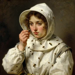 woman in a beekeper suit, covered in bees, in the style of 1 9 th century oil painting