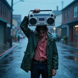 a guy holding up over his head a boombox in a lonely street, heavy rain, dressed in a raincoat, pinterest contest winner, american romanticism, fashion of the 1 9 8 0's, sadpeople aesthetic, retro, blue hour, rich moody colors
