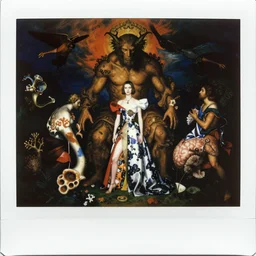 instax frame of holy behemoth from Pan's Labyrinth by Yue Minjun, from Prometheus by Pipilotti Rist, dressed by Salvatore Ferragamo, haute couture painted by Peter Paul Rubens and by John Baeder, editorial asymmetry fashion photography, in lush brain coral femur by Jean-Michel Basquiat