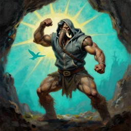 muscular elephant barbarian hunter  full body fighting pose wearing sport hoodie , sun rays , small bird sihouettes  in cyan background , very textured detailed  oil painting by rembrandt , hard backlight , in dark cave
