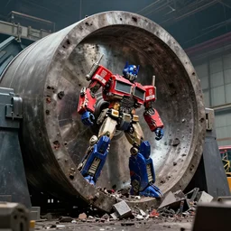 an autobot being destroyed in a giant grinding machine. production photo from big budget hollywood vfx weta ilm sci - fi movie.