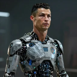 Cristiano Ronaldo as a creepy futuristic Robot from Black Mirror, hyperrealistic, highly detailed, depth of field, High definition, 8k, octane render, artstation