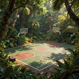 an intricate concept art illustration of an undergrowth street basketball court, digital art, photorealistic movie still, style ivan talavera and artgerm, radiant lighting, hyper realistic, photorealistic, octane render, trending on artstation, cgsociety, cinematic light, 8 k