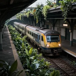 a train, alone, in an empty dark flooded train station, overgrown with aquatic plants, digital art, artstation