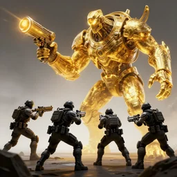 scp foundation operative weapons soldiers attacking glowing golden arm monster, hyper render art, crisp sharp focus, aaa unreal trending on artstation